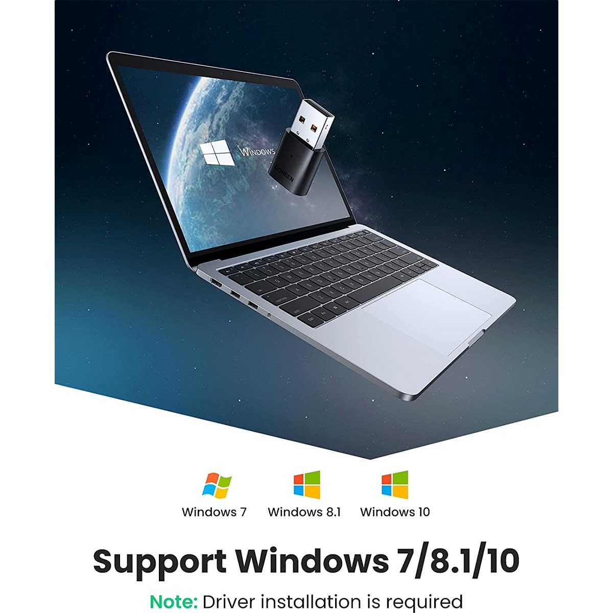 Laptop wyświetlający interfejs Windows i pendrive. Tekst: 'Support Windows 7/8.1/10'.