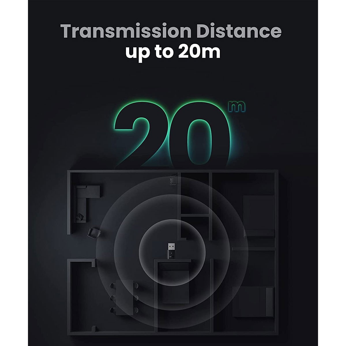 Schemat przedstawiający plan domu z kluczem USB i okręgami wskazującymi zasięg.