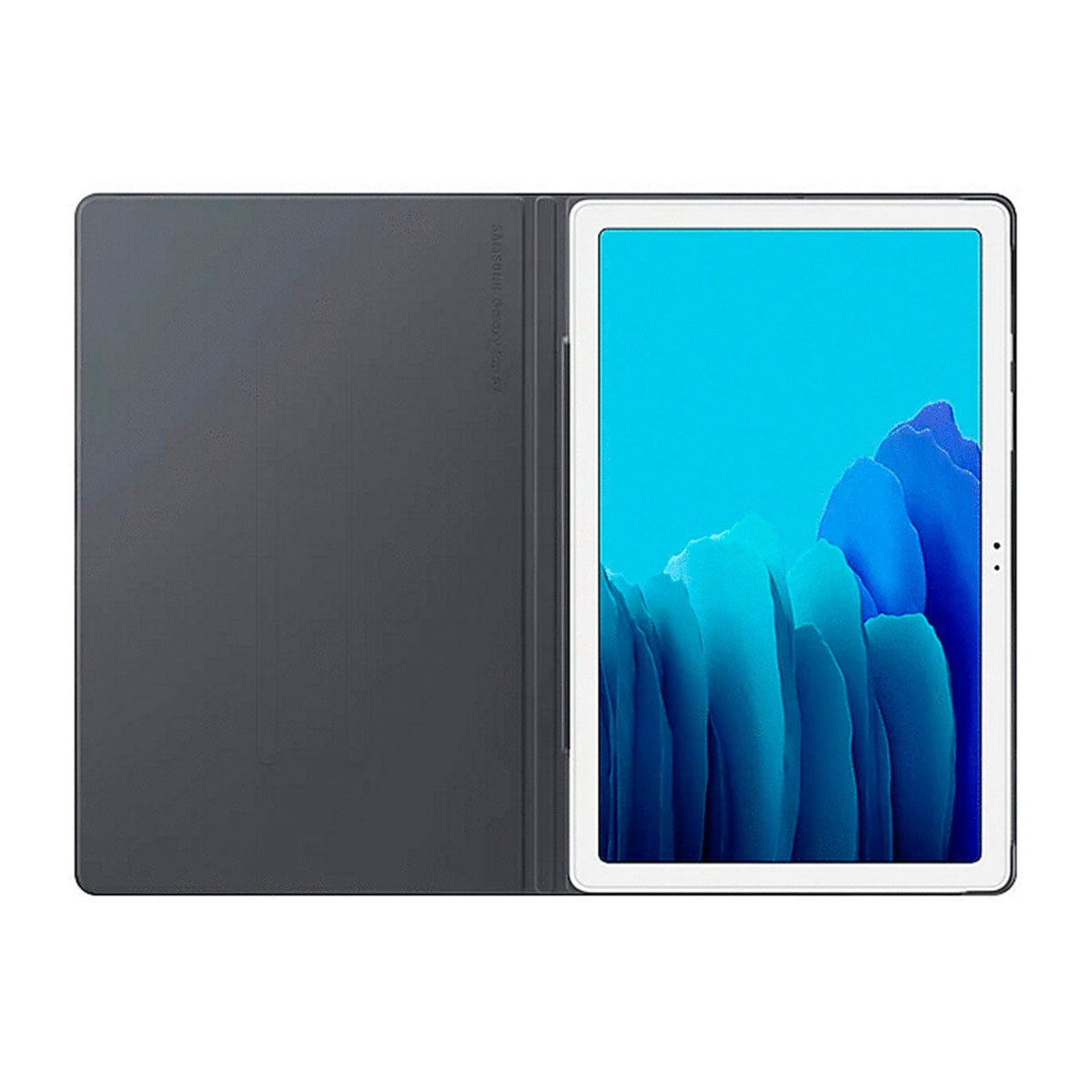 Tablet z niebieskim ekranem i szarą osłoną z rysikiem. Tablet jest biały, a ekran niebieski.