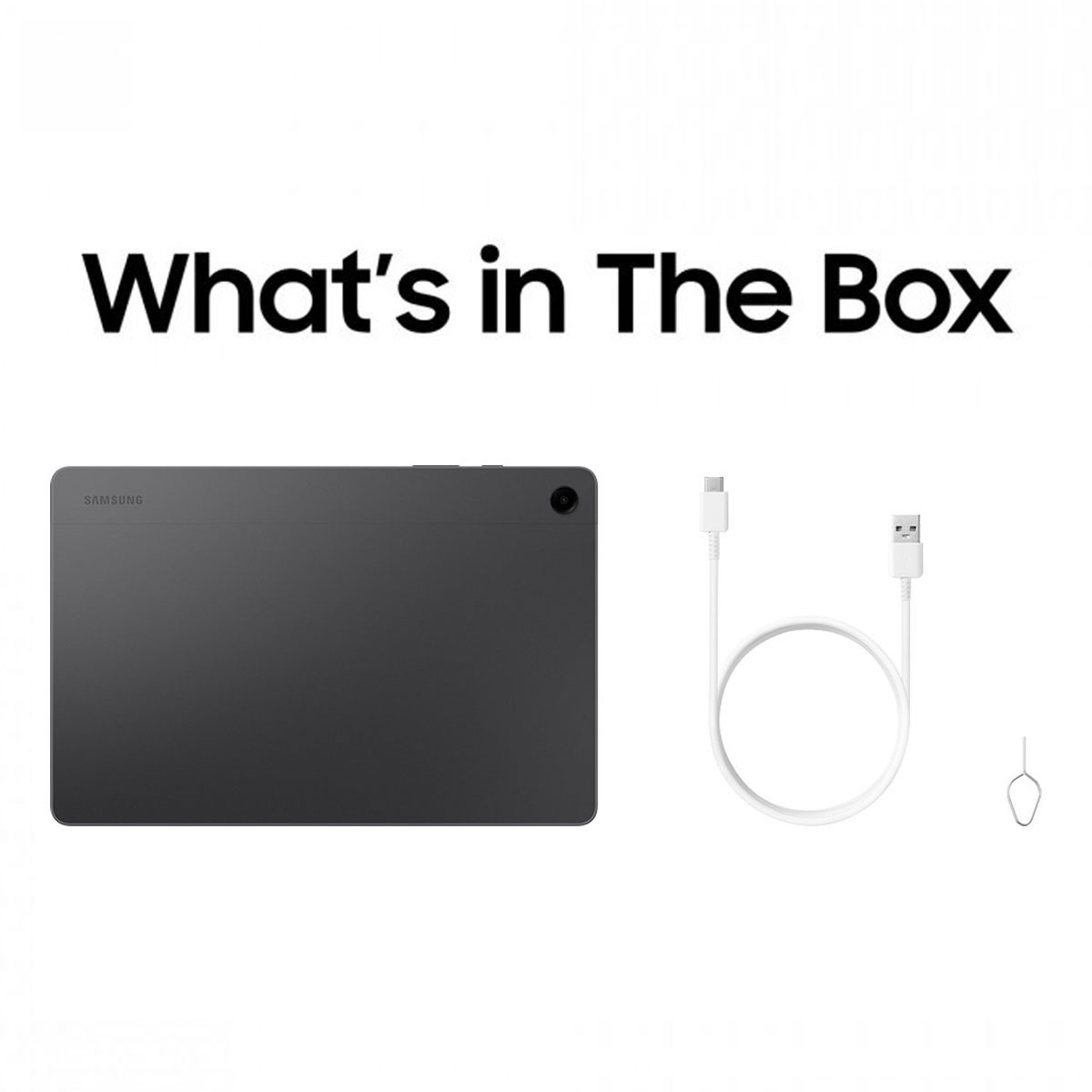 Tablet, Ladegerät und SIM-Auswurfwerkzeug. Text: What's in The Box.