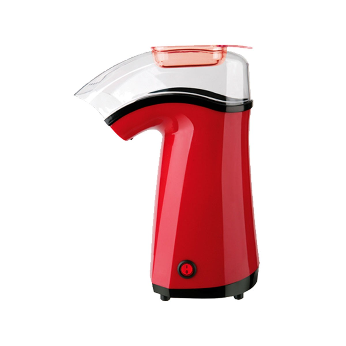 Ein rot-weißer Popcorn-Maker. Hat eine transparente Oberseite und einen roten Ein-/Aus-Schalter.