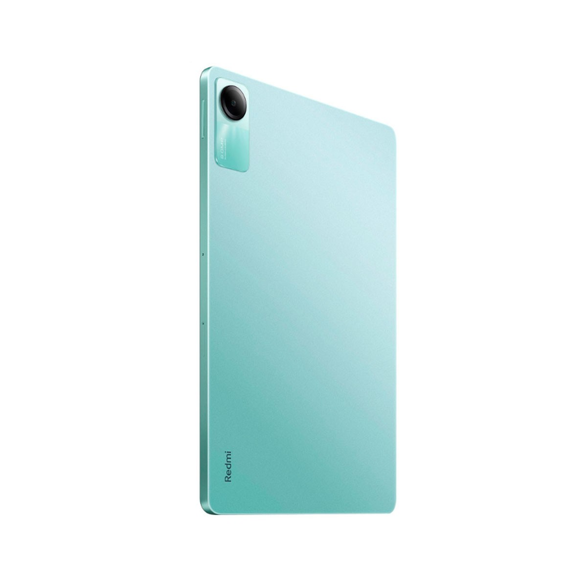 Ein türkisfarbenes Tablet auf weißem Hintergrund, von hinten betrachtet. Es hat eine Kamera und das Redmi-Logo.