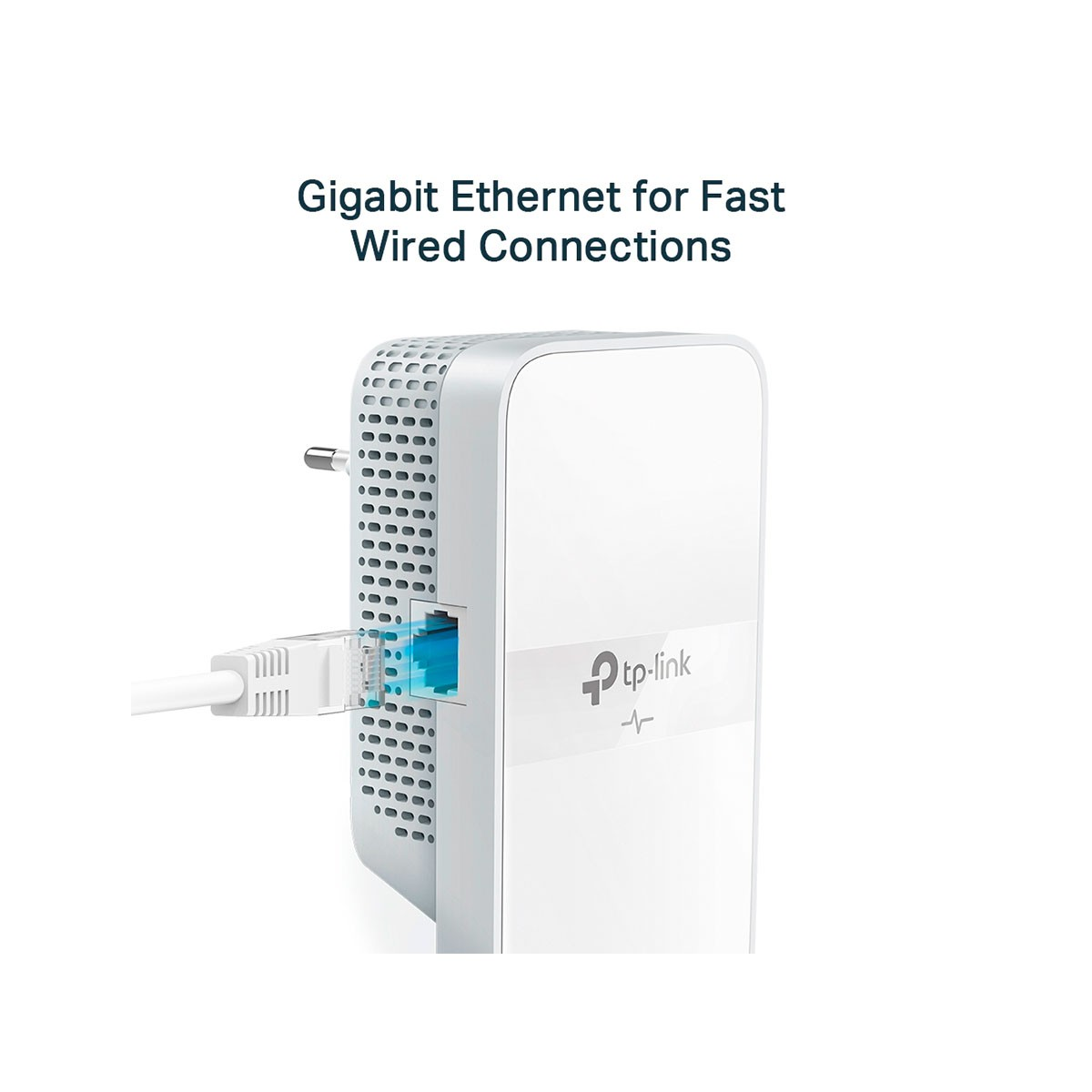 Een wit TP-Link-apparaat met een witte kabel in een blauwe poort.
