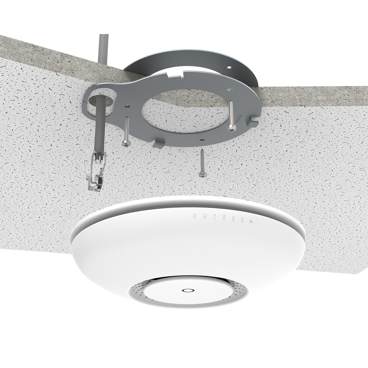 Instalacja białego punktu dostępowego montowanego na suficie. Widoczne śruby i wspornik montażowy.