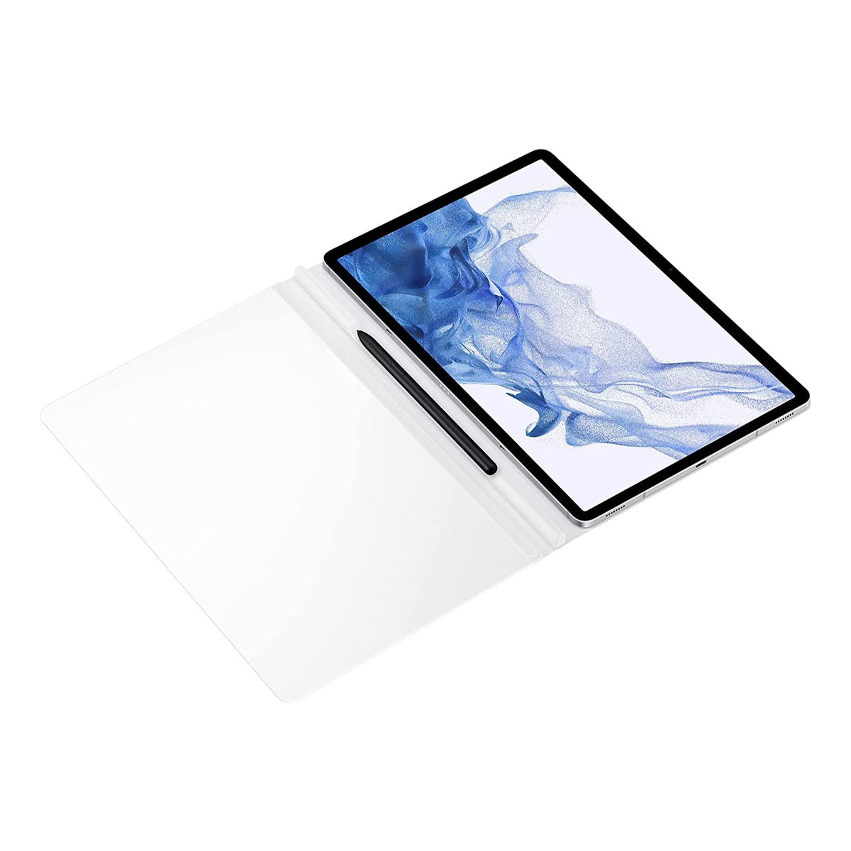 Tablet mit Stift offen liegend, mit einem Bildschirm, der ein blaues und weißes Bild zeigt.