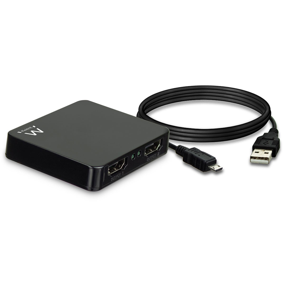 Conmutador HDMI negro con un cable USB conectado.
