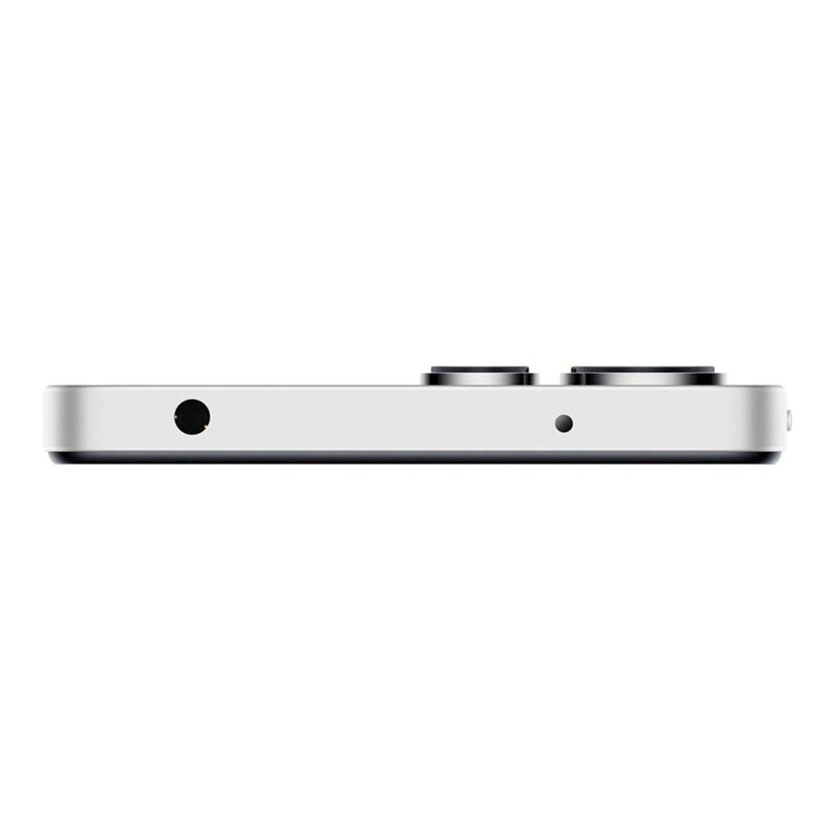 Vista superior de un smartphone blanco con un conector para auriculares y dos funciones circulares.