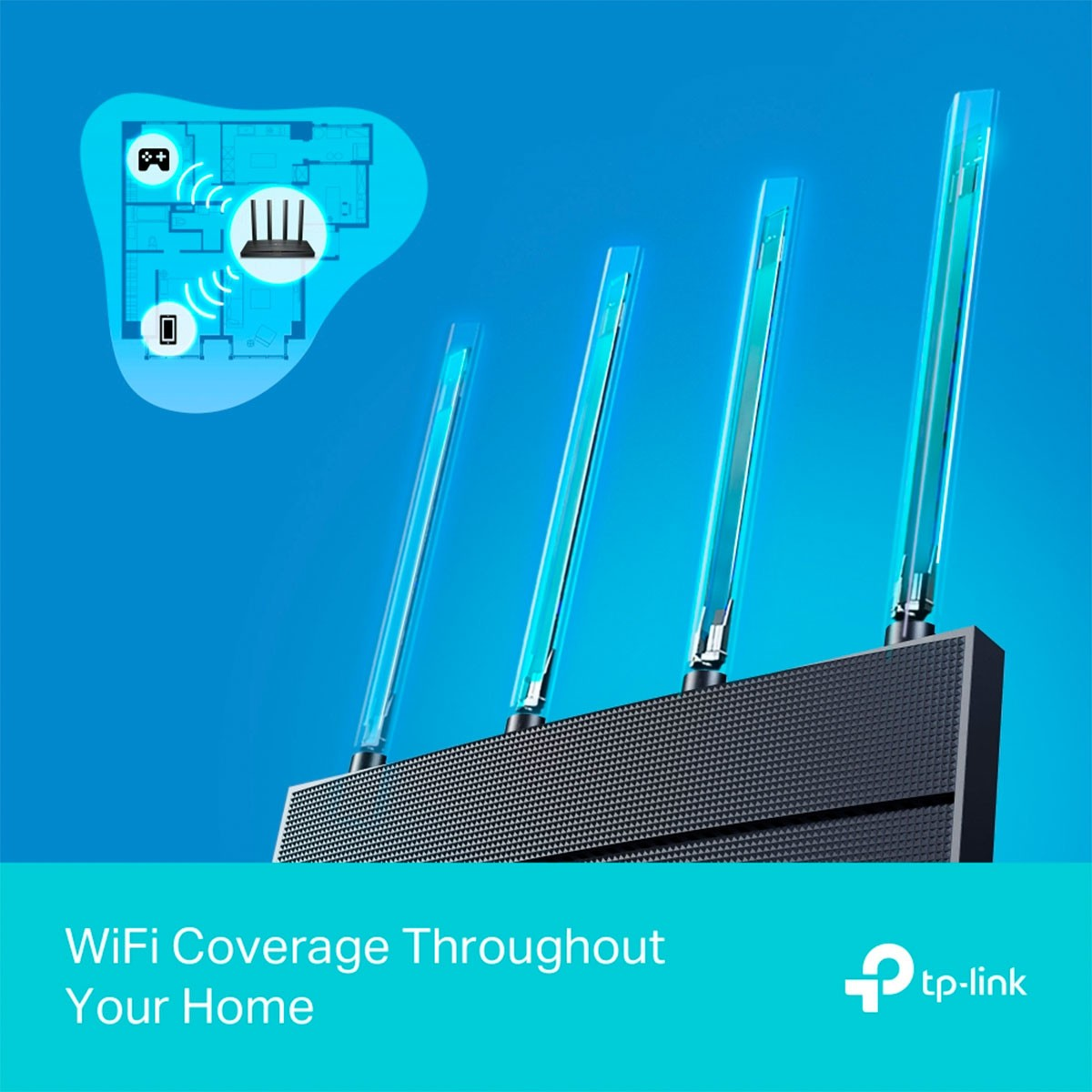 Czarny router z czterema antenami. Plan pokazuje zasięg wifi. Niebieskie tło.