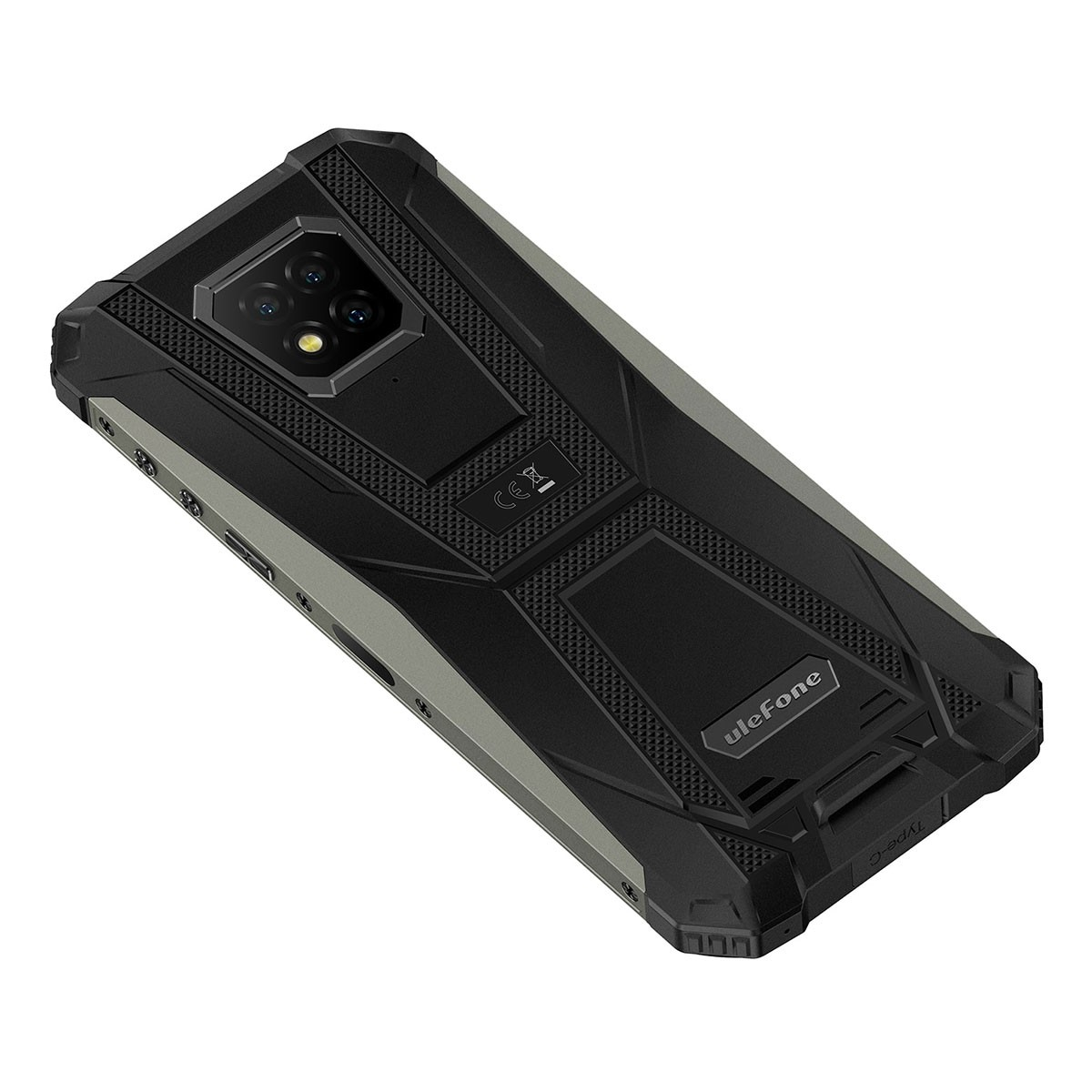 Schwarze Ulefone Outdoor-Telefon-Rückseite. Hat Kameras, Anschlüsse und CE-Kennzeichnung. Grau und schwarz.