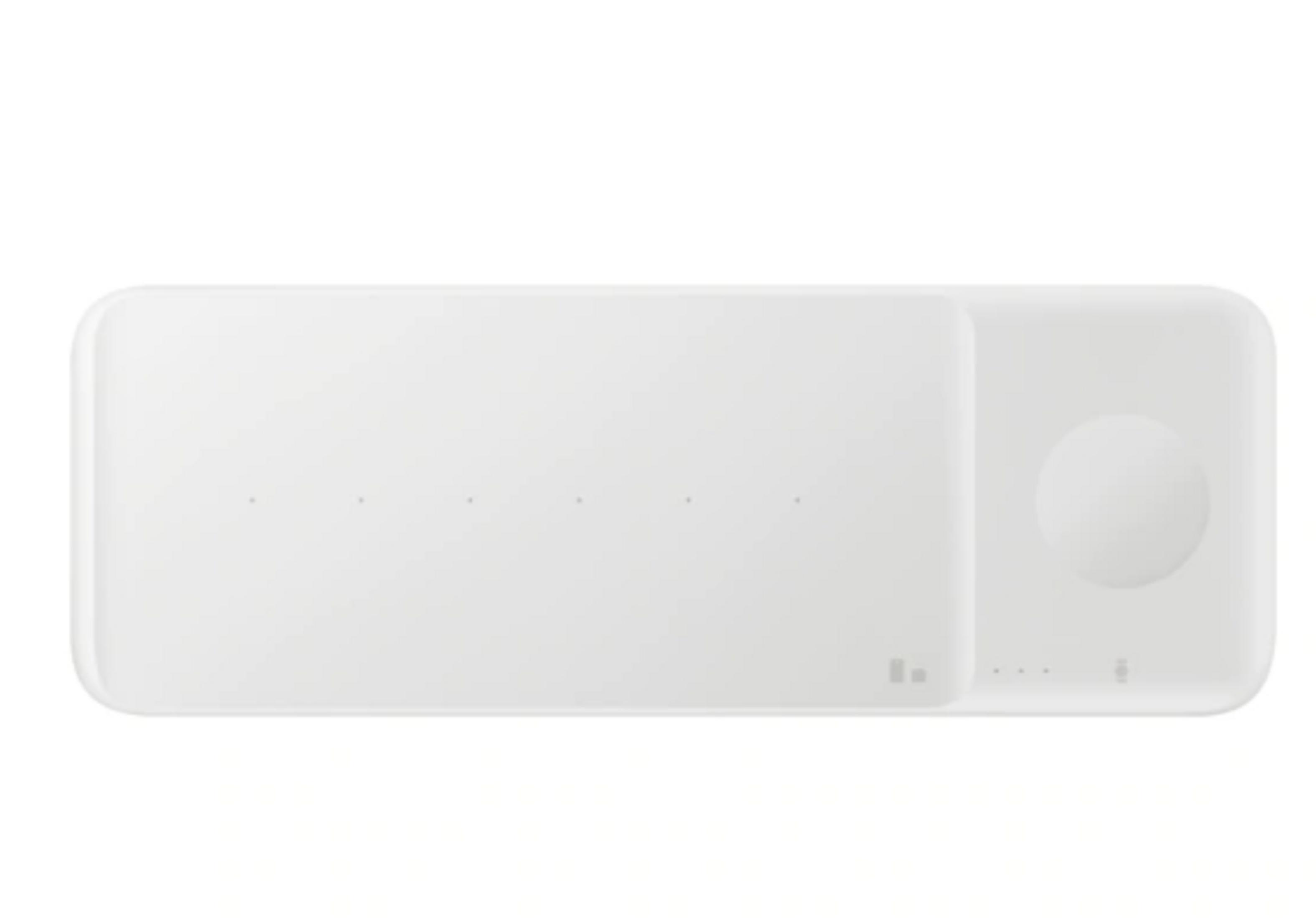 Biała bezprzewodowa podkładka ładująca do telefonu i zegarka. Prostokątny kształt z okrągłą strefą ładowania.