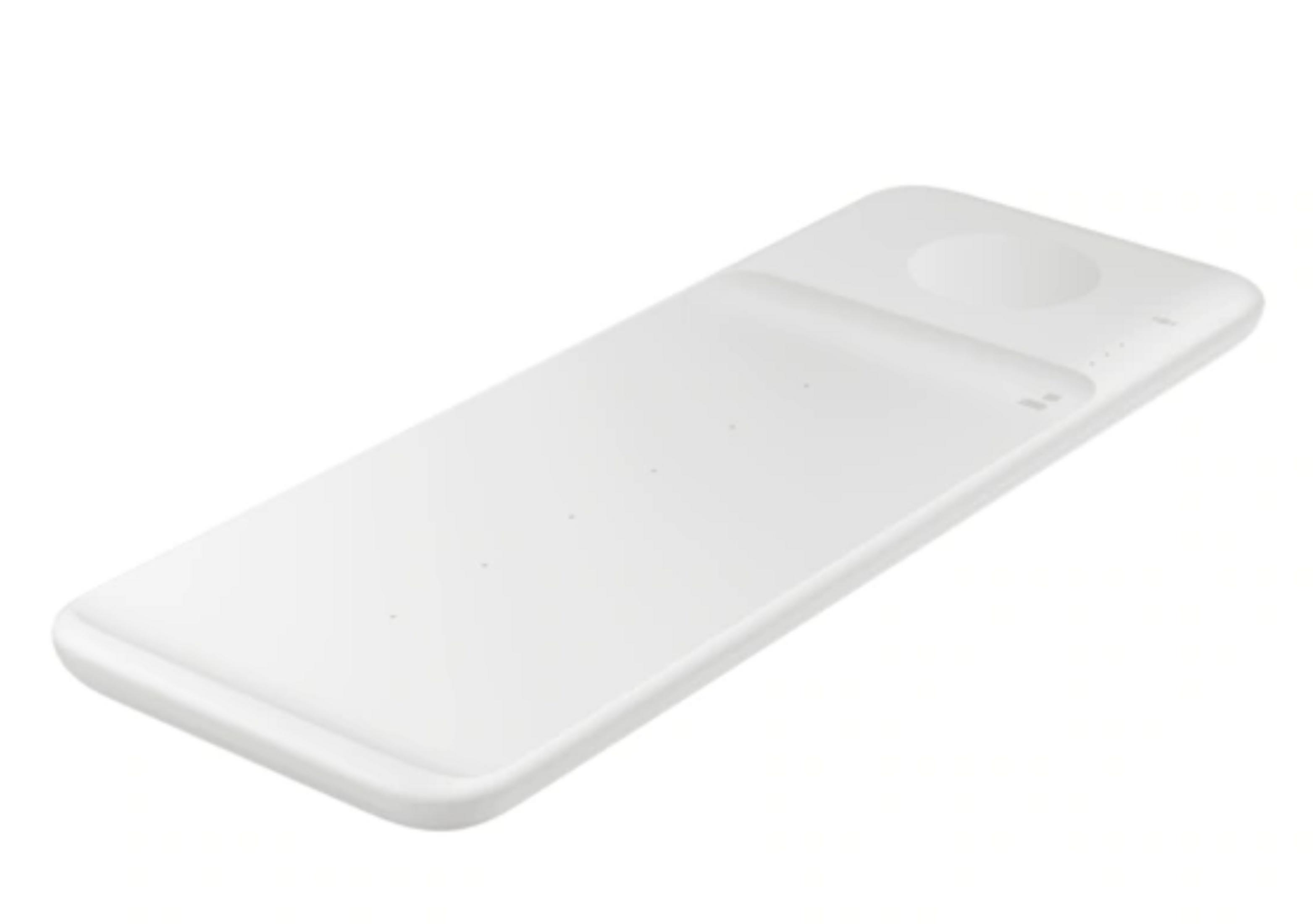 Biała, prostokątna podkładka ładująca z zaokrąglonym obszarem na zegarek, odizolowana na białym tle.