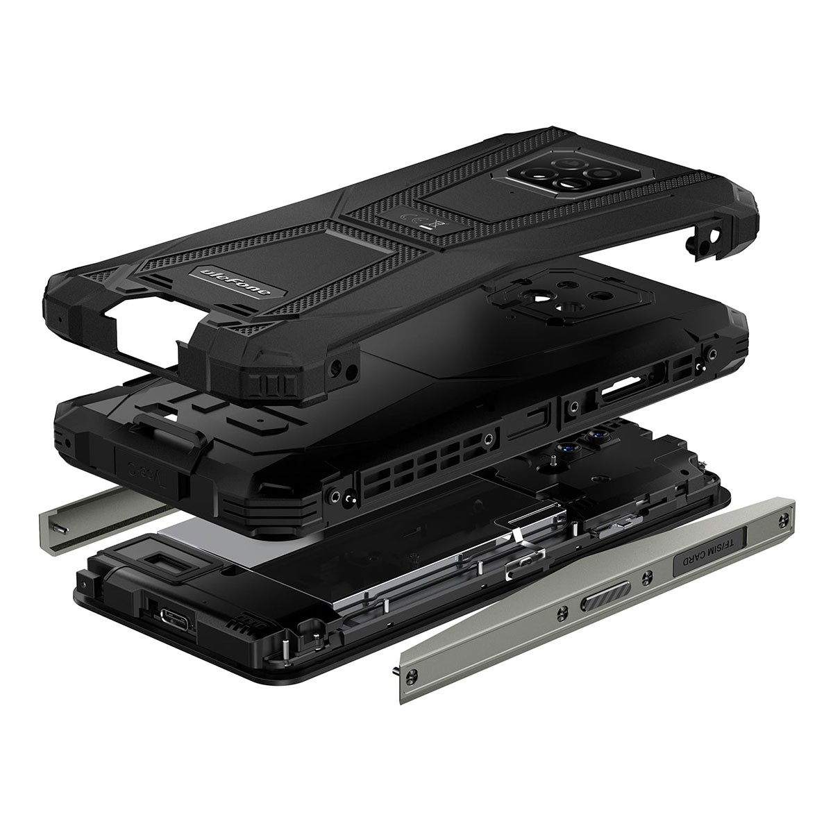 Explosionsansicht eines robusten Smartphones. Verschiedene Schichten des Telefons sind getrennt.