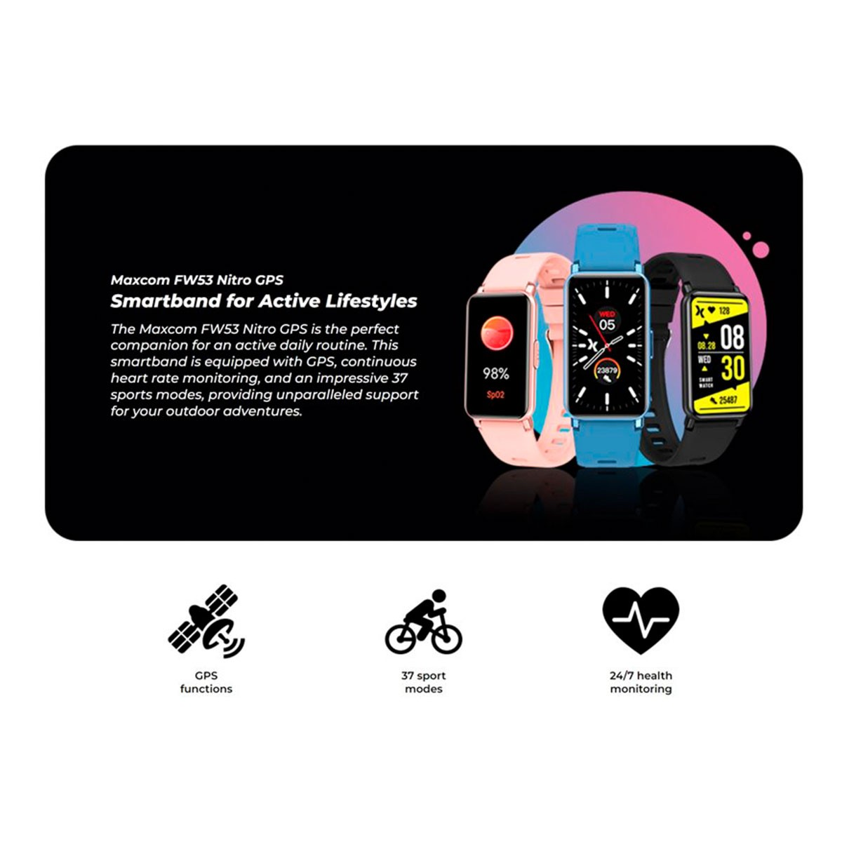 Smartwatch mit pinkfarbenem, blauem und schwarzem Armband, Text über Funktionen und Icons.
