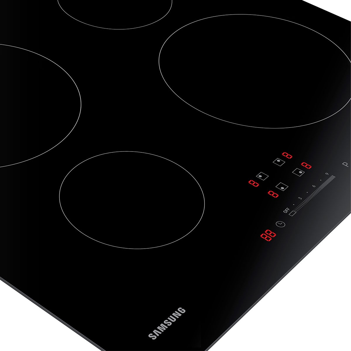 Czarna, wbudowana płyta elektryczna z czterema okrągłymi elementami grzejnymi i panelem sterowania.