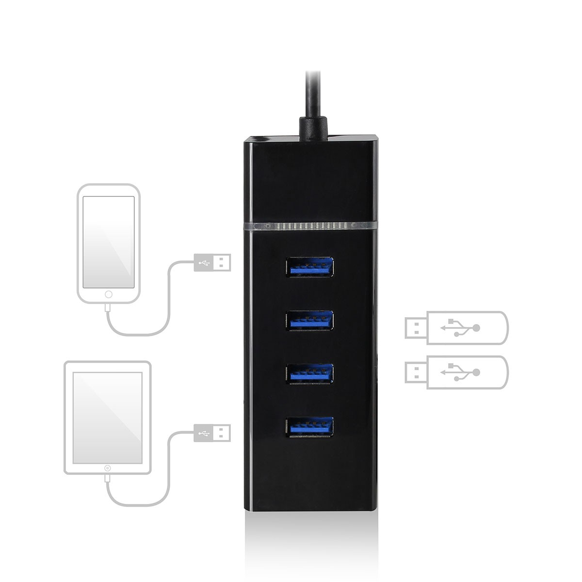Hub USB nero con quattro porte USB blu. È collegato a un telefono e a un tablet.