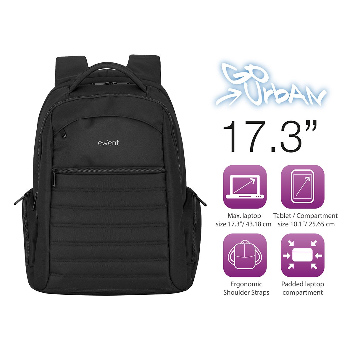 Zaino nero con scomparto per laptop da 17,3" e tasca per tablet.