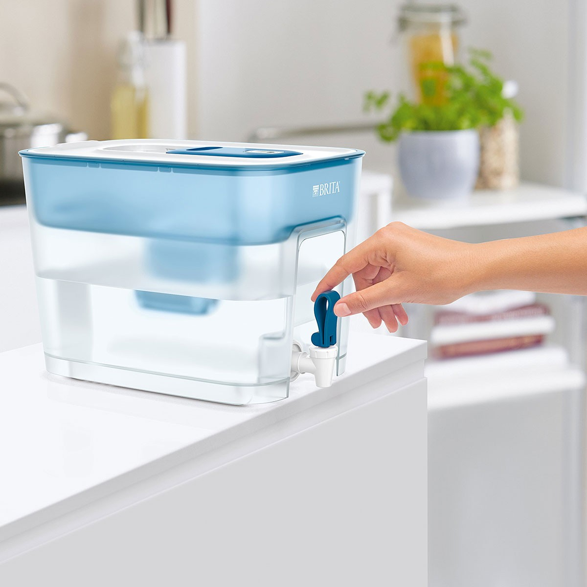 Eine Person füllt einen Wasserfilter-Krug mit Wasser. Der Krug ist hellblau und weiß.