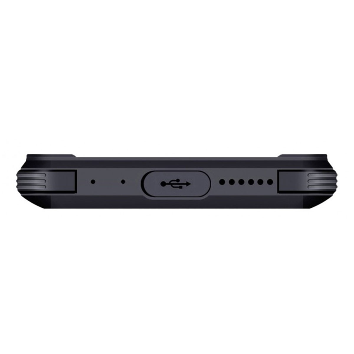 Die Unterseite eines schwarzen Geräts mit einem USB-Anschluss und mehreren Löchern auf weißem Hintergrund.