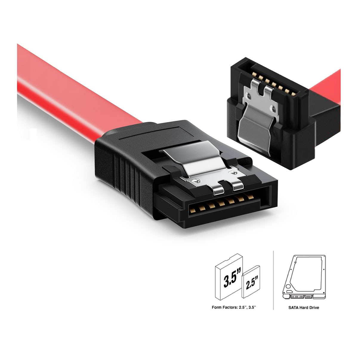 Cavo SATA con connettori. Primo piano dei connettori. Grafici mostrano dimensioni hard disk da 2,5 e 3,5 pollici.