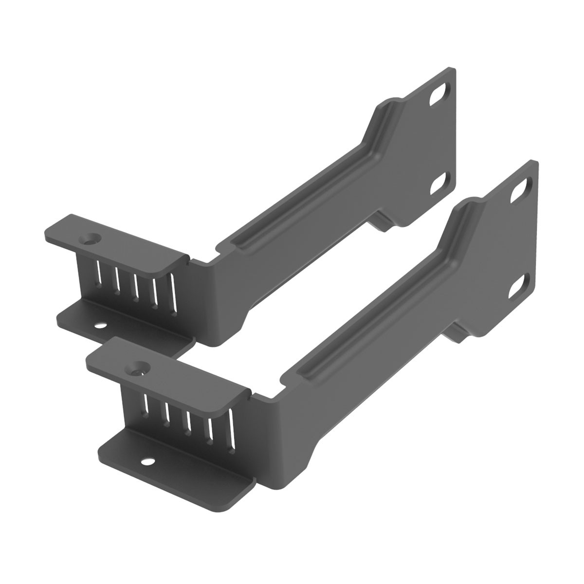 Dwa ciemnoszare metalowe wsporniki. Każdy ma wiele szczelin i otworów do montażu.