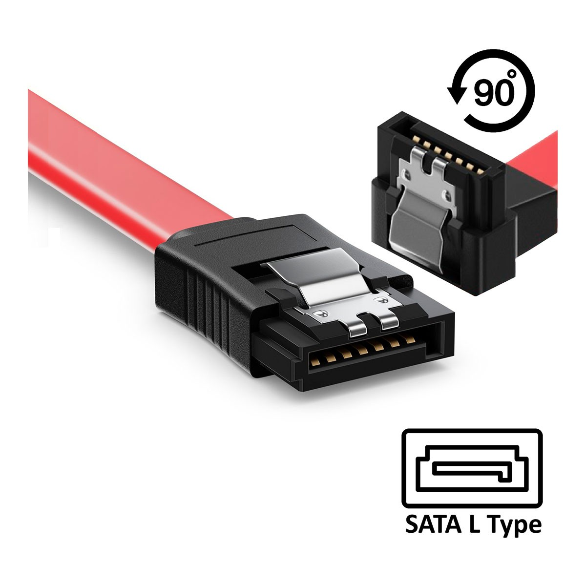 Cavo SATA rosso con connettore angolato. Connettori neri, etichettati SATA L Type.