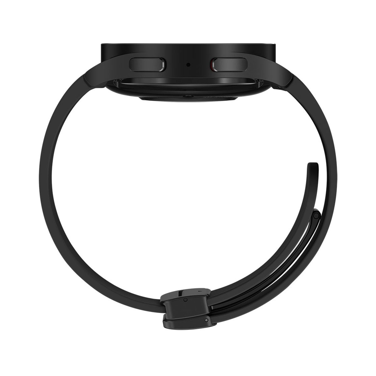 Smartwatch nero con cinturino nero, vista dall'alto. Fibbia visibile.