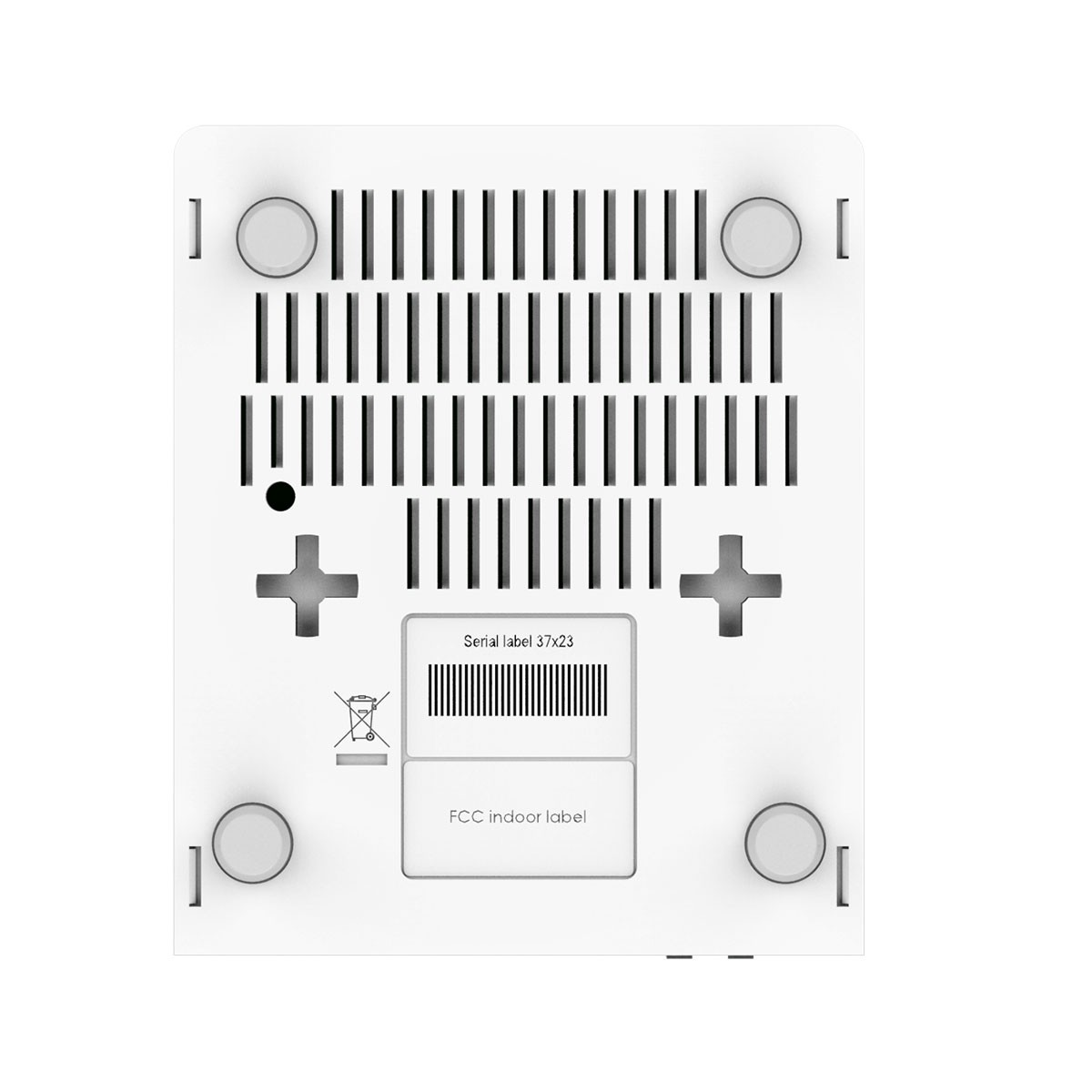 Biały spód urządzenia. Ma etykietę seryjną, etykietę FCC i kilka okrągłych nóżek.