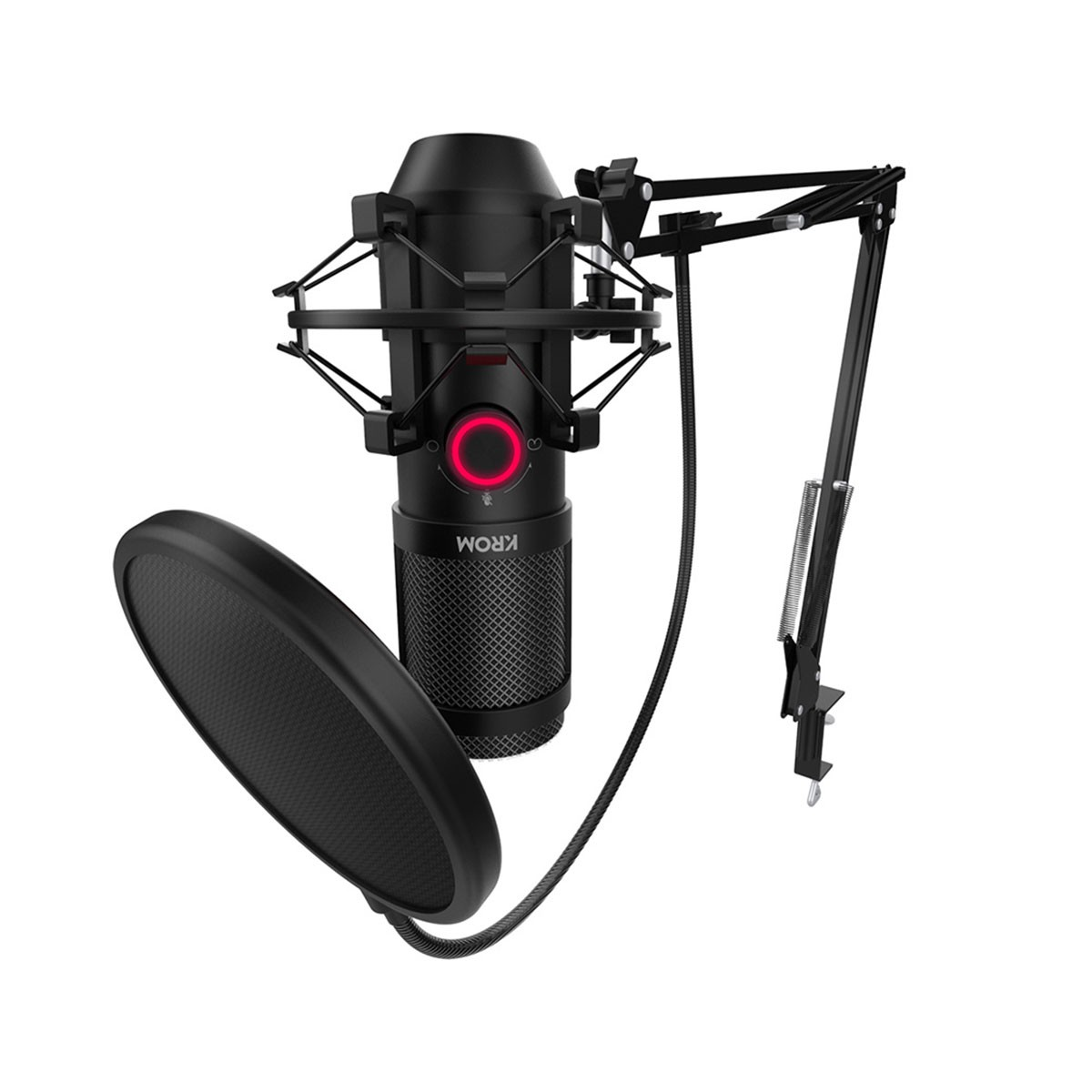 Czarny mikrofon z czerwonym światłem, stojakiem i filtrem pop. Białe tło.