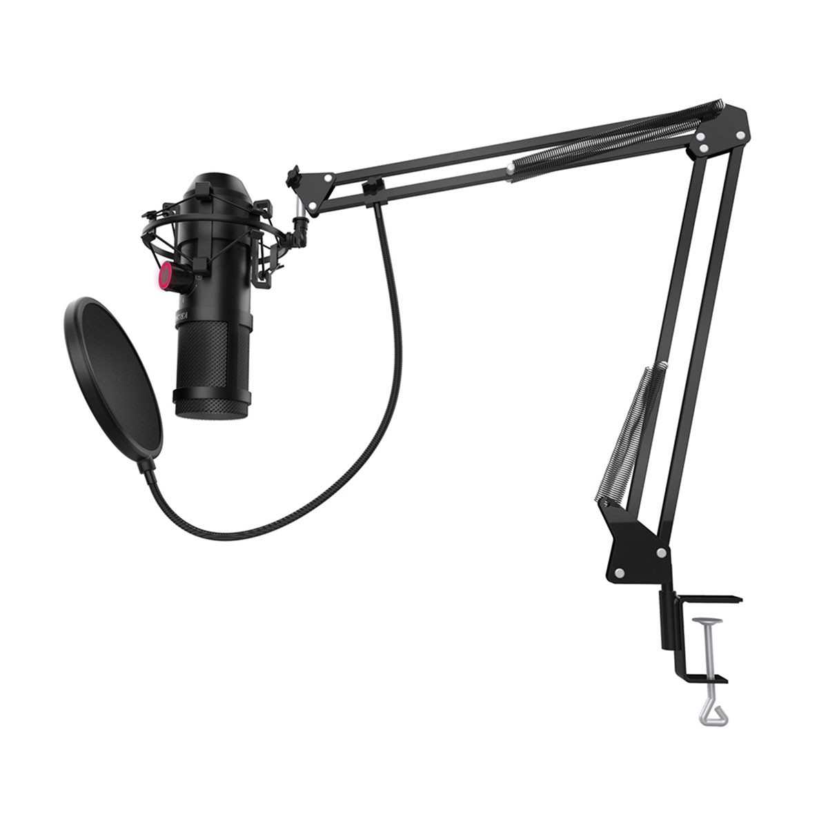 Czarny mikrofon z filtrem pop, zamontowany na czarnym, regulowanym ramieniu i zacisku.