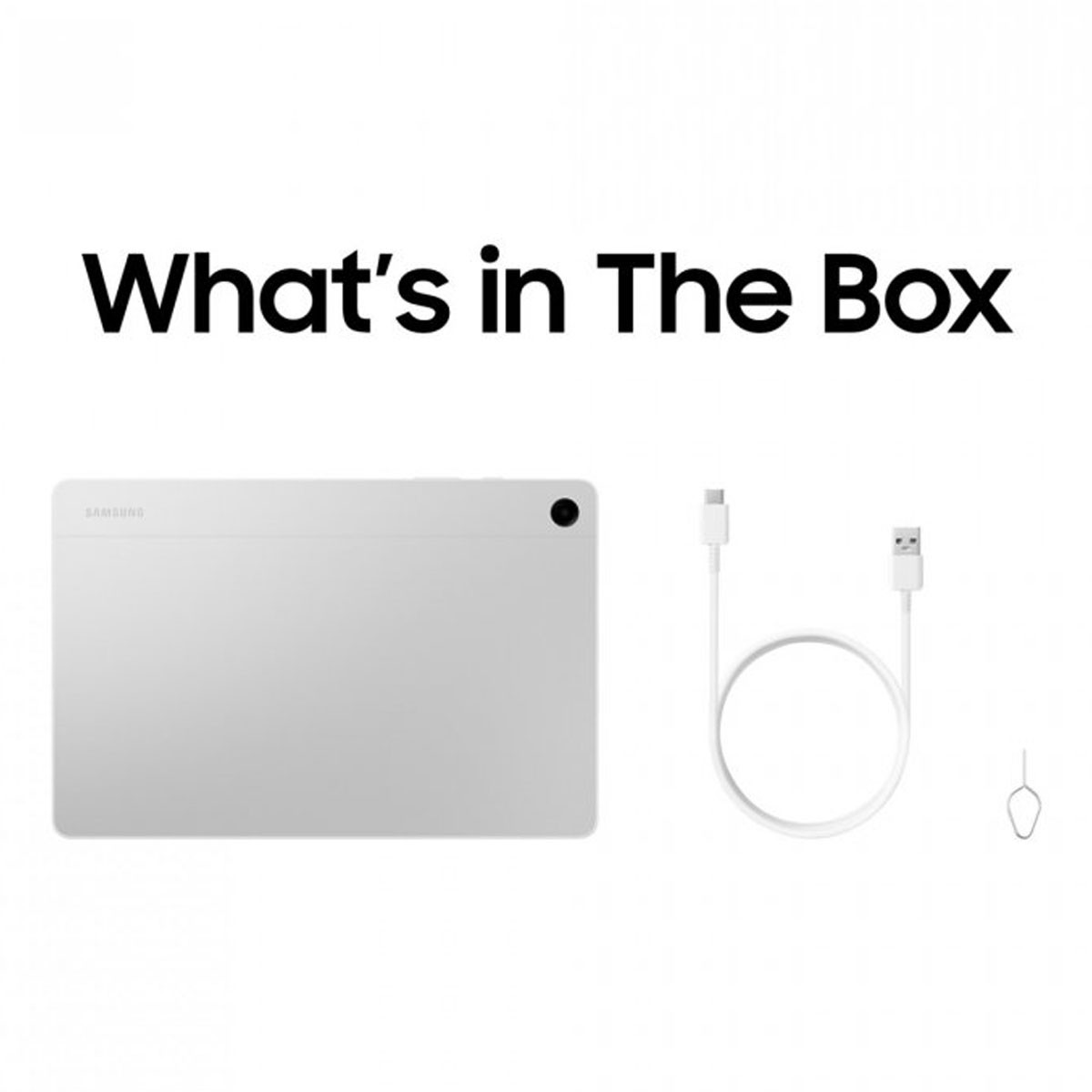 Un tablet bianco, un cavo USB e uno strumento su una superficie bianca. Il testo dice: 'What's in The Box'.