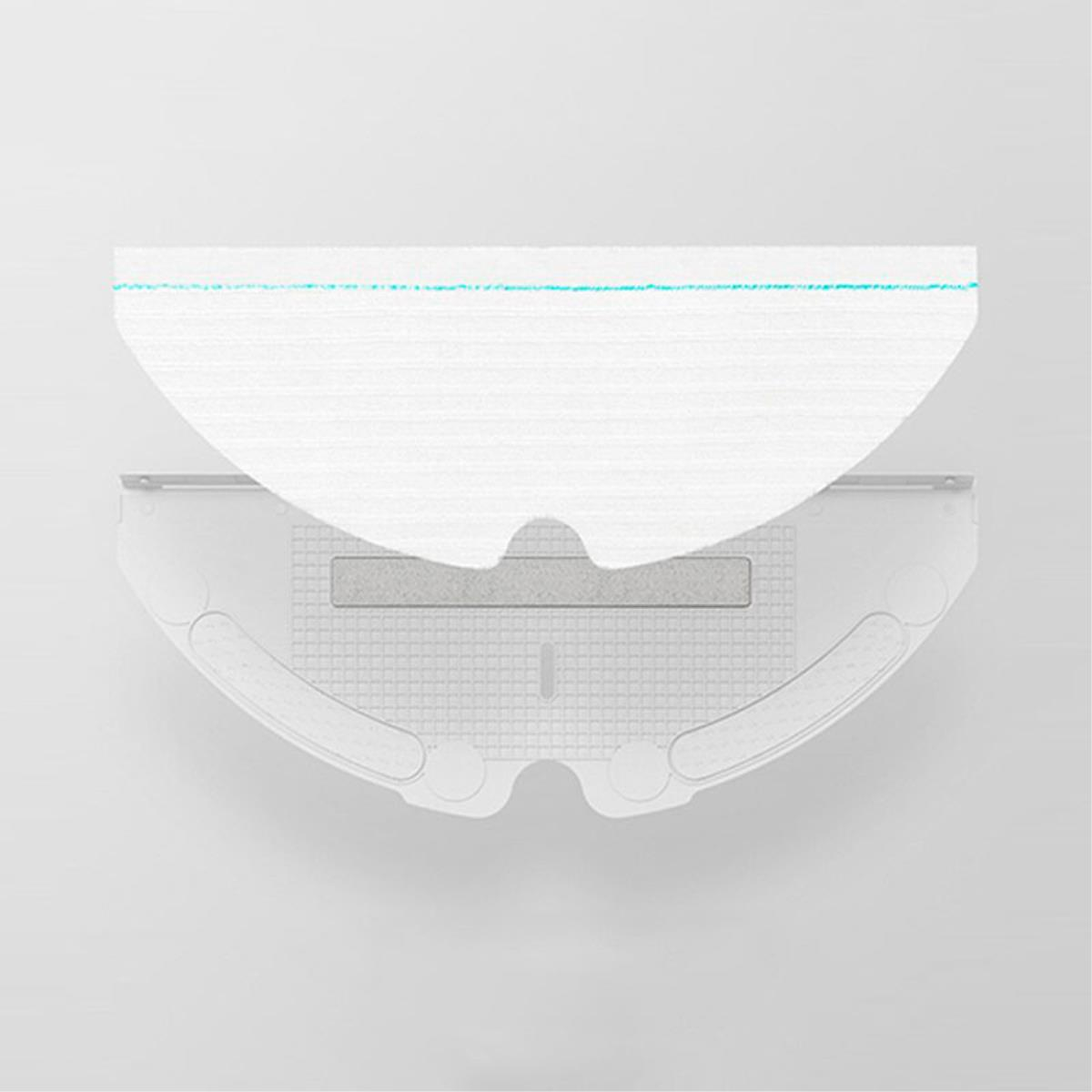 Witte reinigingspad met blauwe lijn bovenop een witte robotstofzuigerbasis.
