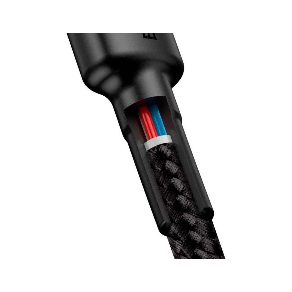 Zbliżenie odciętego końca czarnego kabla, ukazujące niebieskie i czerwone przewody wewnętrzne.