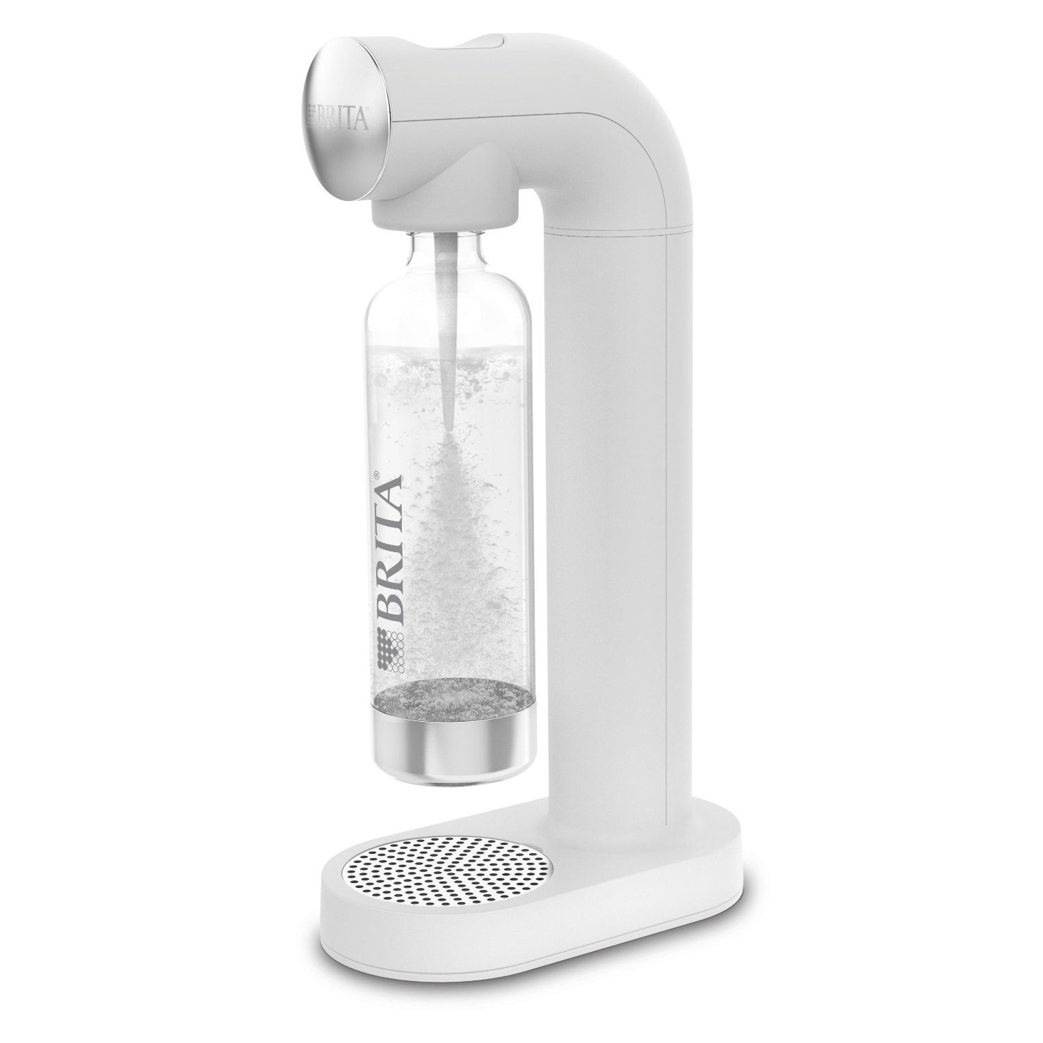Ein weißer Brita Soda Maker mit einer durchsichtigen Wasserflasche und silbernen Akzenten.