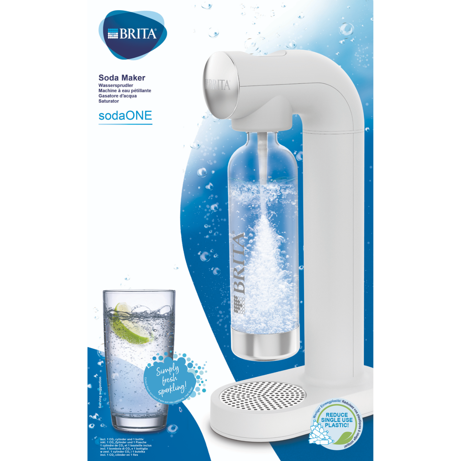 Weißer Soda Maker mit einer Brita-Flasche, einem Glas Soda mit Limette und Wassertropfen.