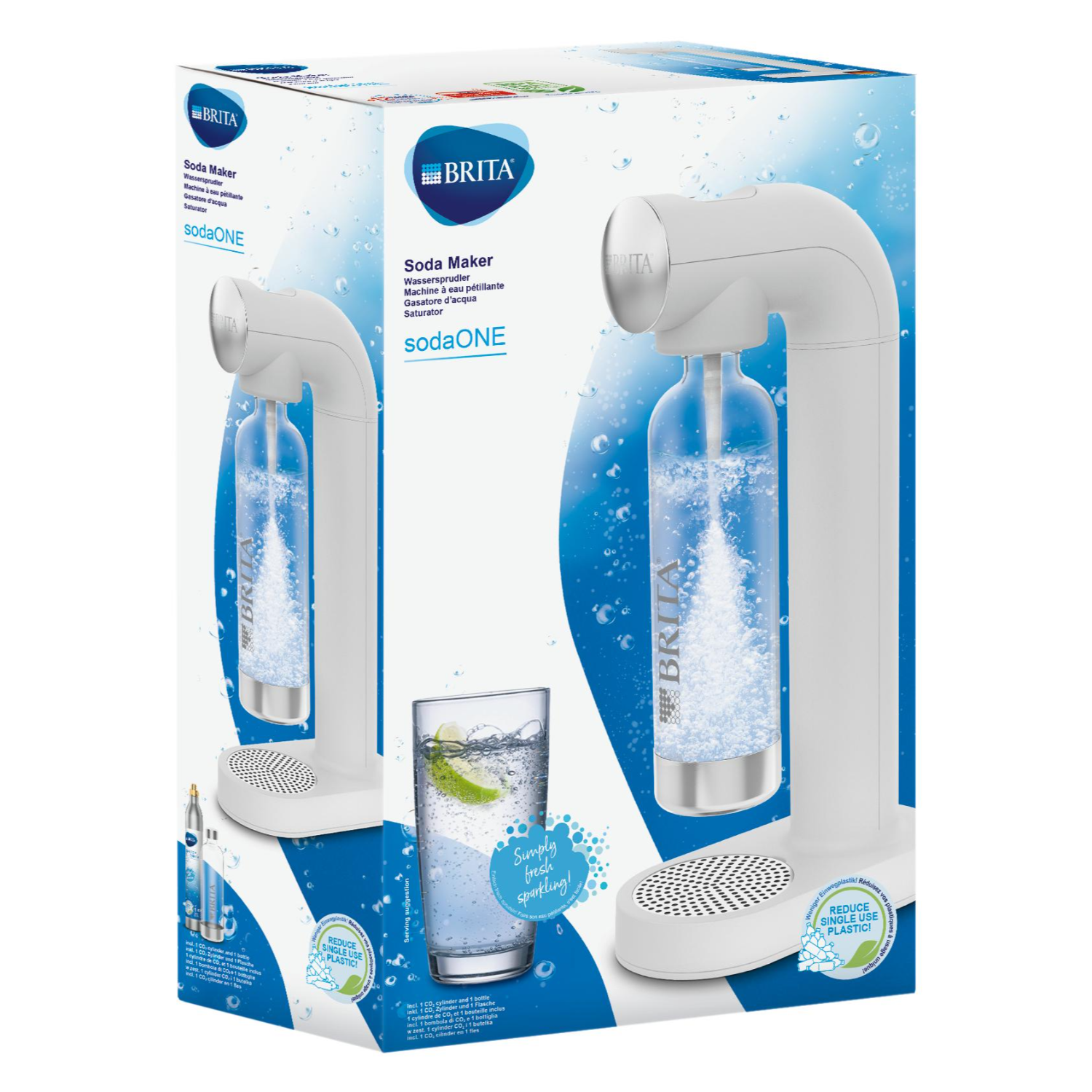 Weißer Sodamaker mit einem Glas Soda und Brita-Branding. Es zeigt einen Karbonisierungsprozess.