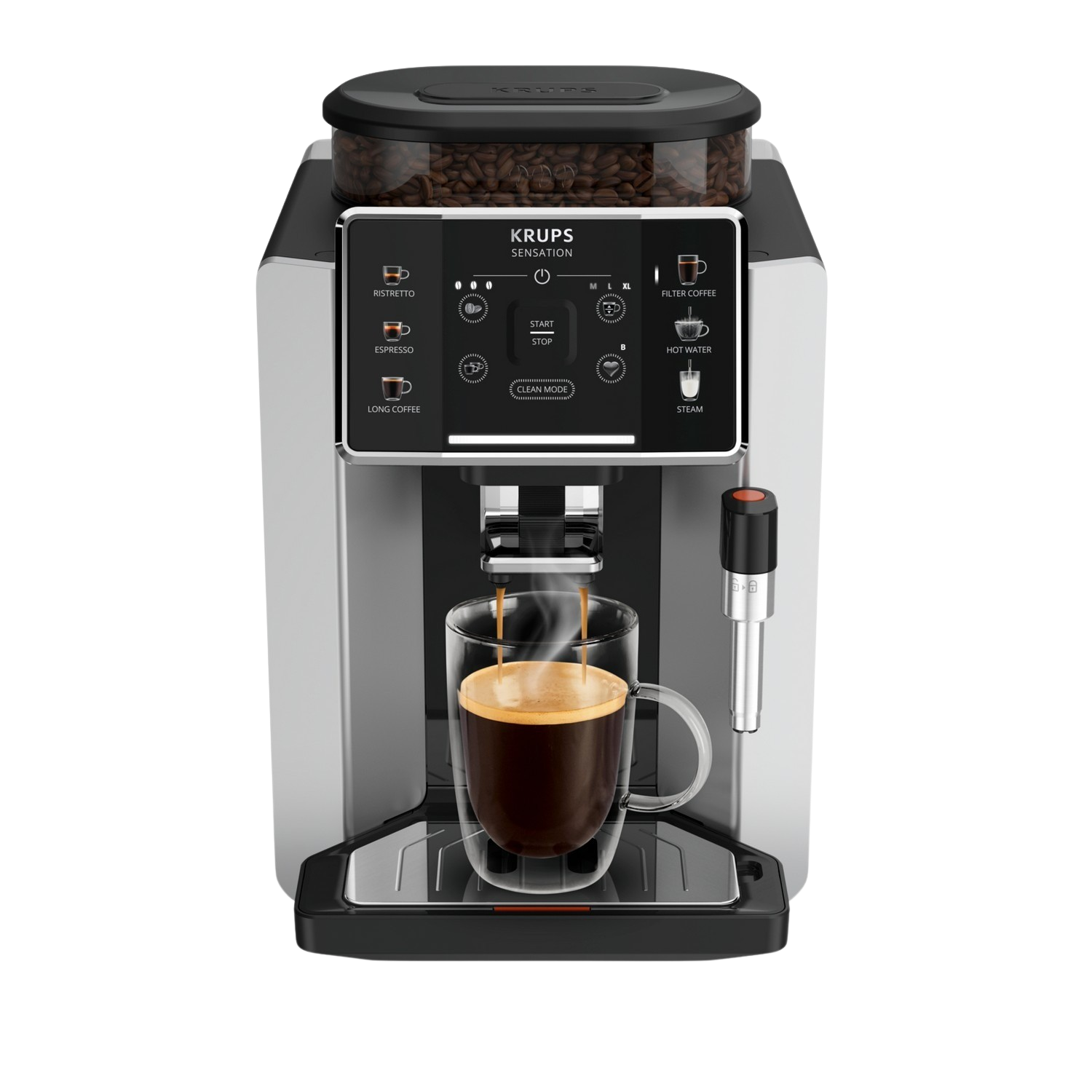Ekspres do kawy Krups Sensation z wlewaną filiżanką kawy. Maszyna jest srebrna i czarna.
