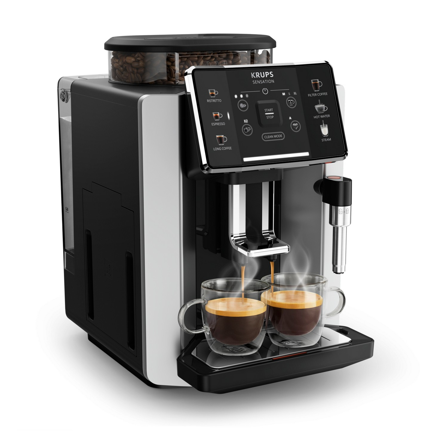 Czarny i srebrny ekspres do kawy z kawą wlewaną do dwóch szklanek na czarnej tacy.