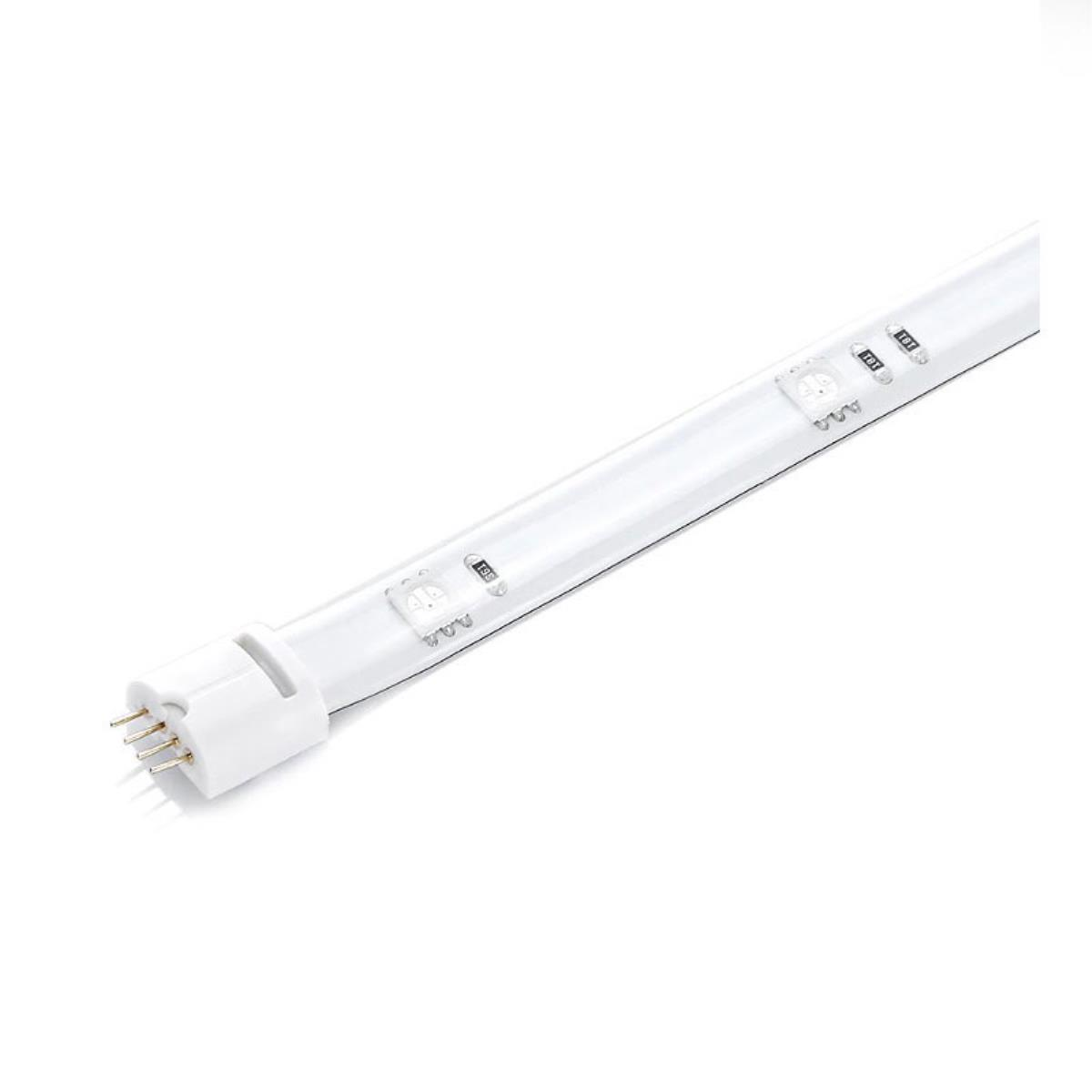 Striscia luminosa LED bianca con connettori, LED e sfondo bianco.