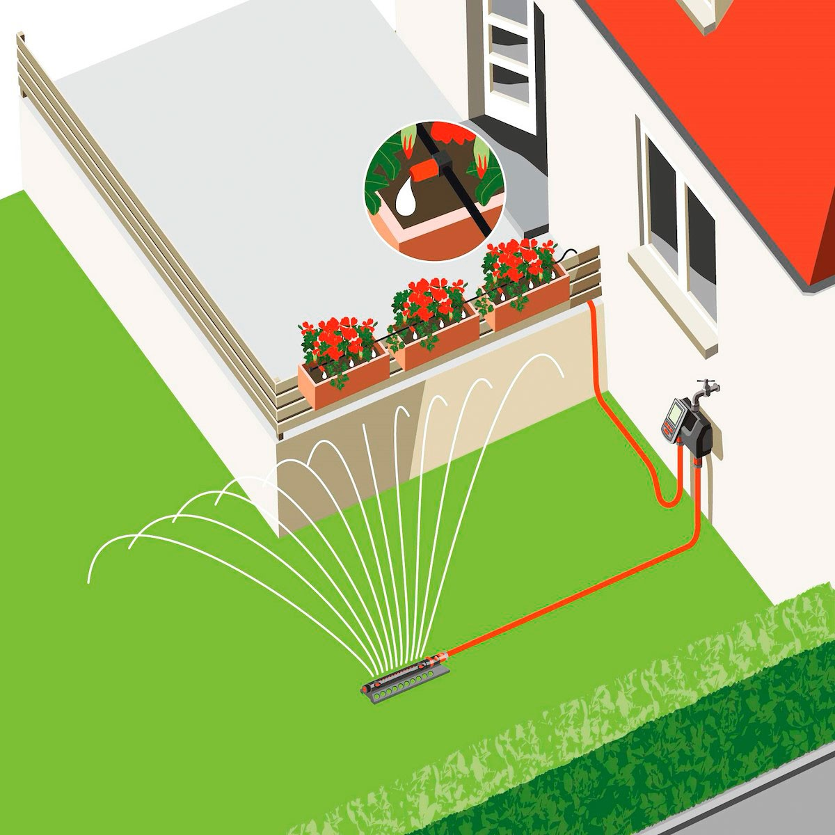 Un sistema di irrigazione a prato irriga l'erba, con una casa e fioriere sullo sfondo.