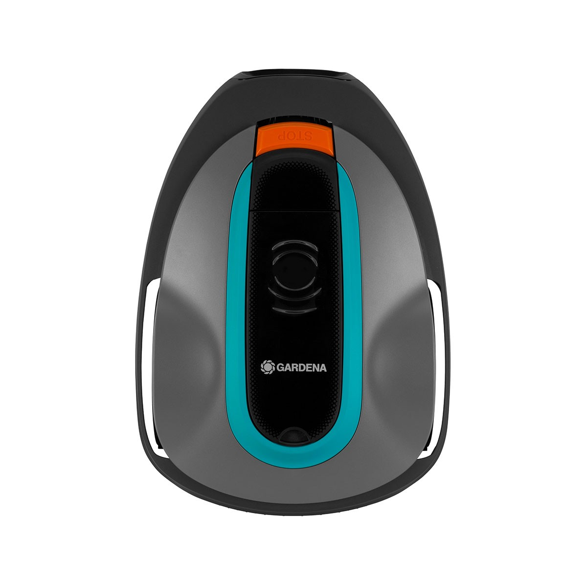 Widok z góry na szarą i turkusową kosiarkę automatyczną. Pomarańczowy przycisk stopu na górze. Białe tło.