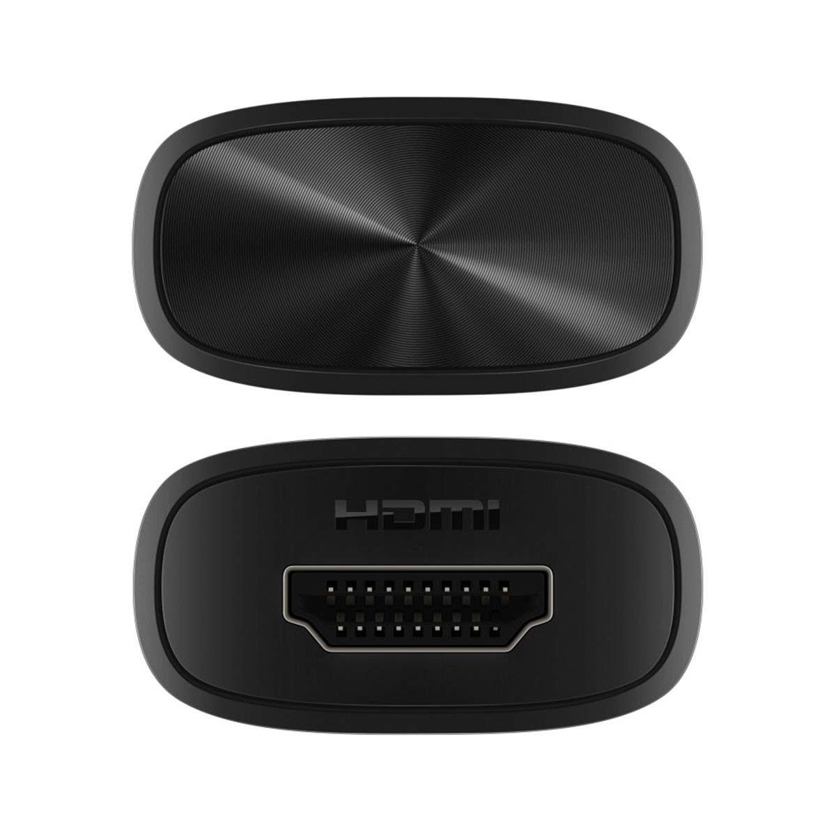 Dwa widoki czarnego złącza HDMI. Jeden to góra, drugi to dół ze złączem HDMI.