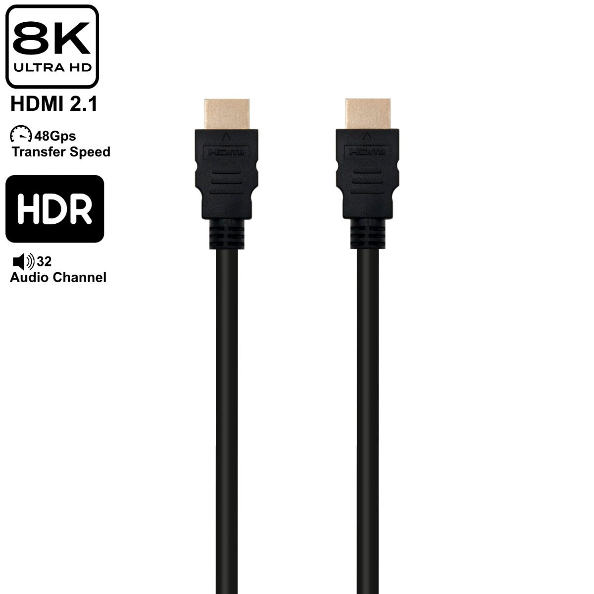 Dos cables HDMI negros con etiquetas, 8K Ultra HD, HDMI 2.1, 48 Gbit/s, HDR, Canal de audio. Fondo blanco.