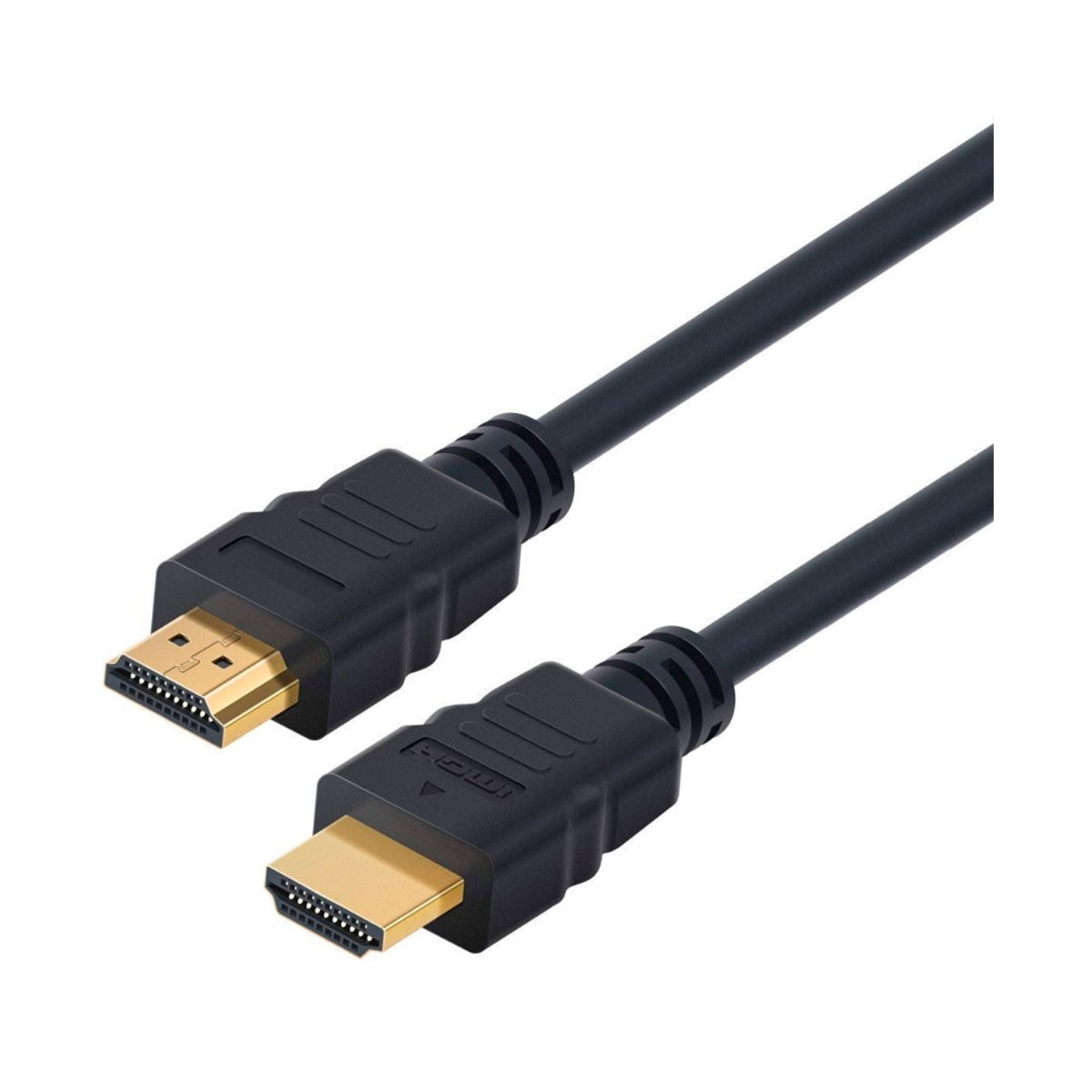 Zwarte HDMI-kabel met goudkleurige connectoren, bekeken tegen een witte achtergrond.