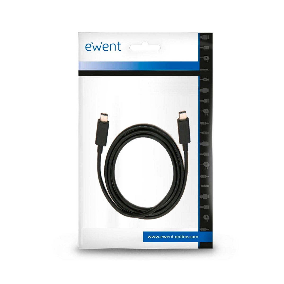 Black USB-C cable in a clear plastic package with branding.