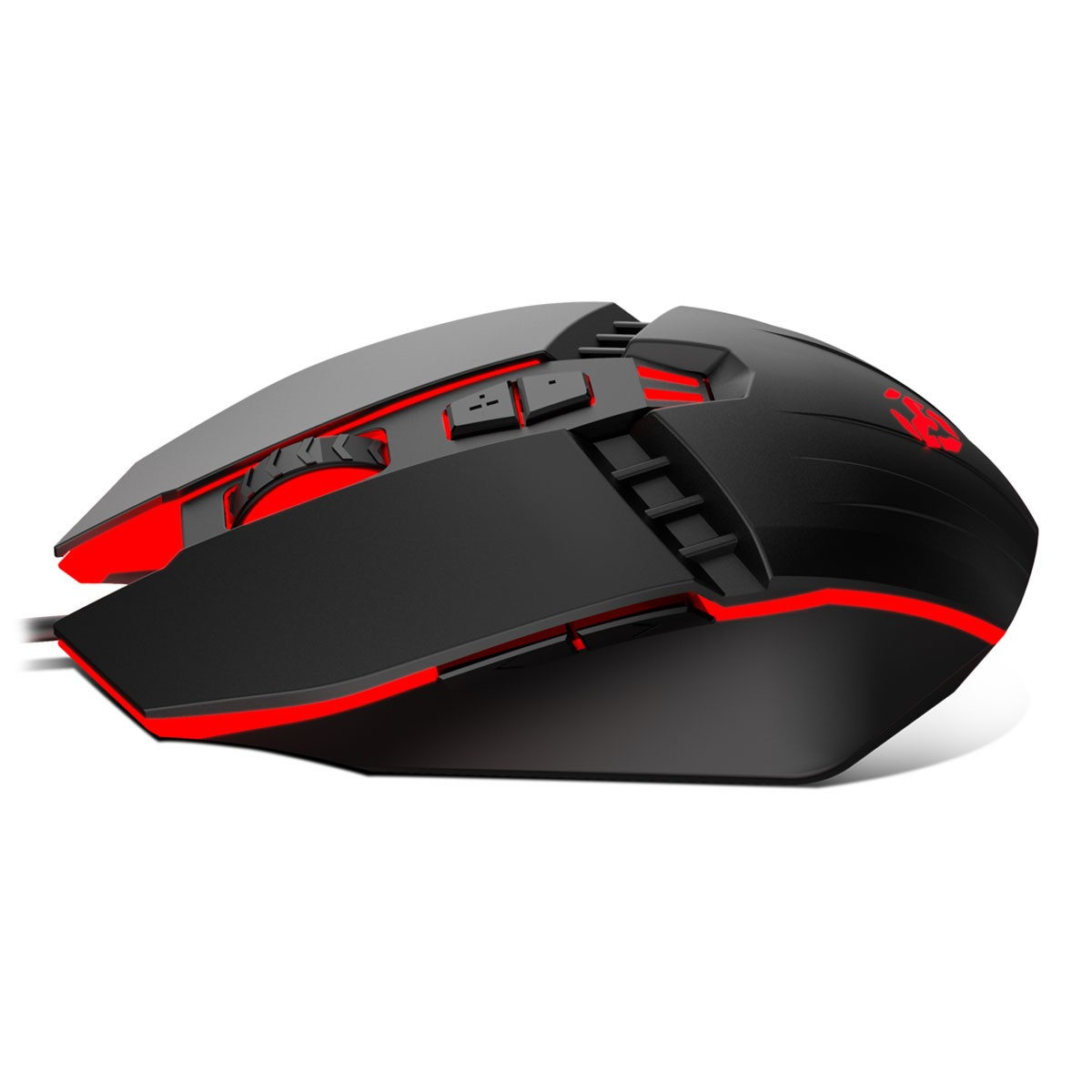 Mouse da gioco nero e rosso. Pulsanti laterali. Accenti rossi. Sfondo bianco.