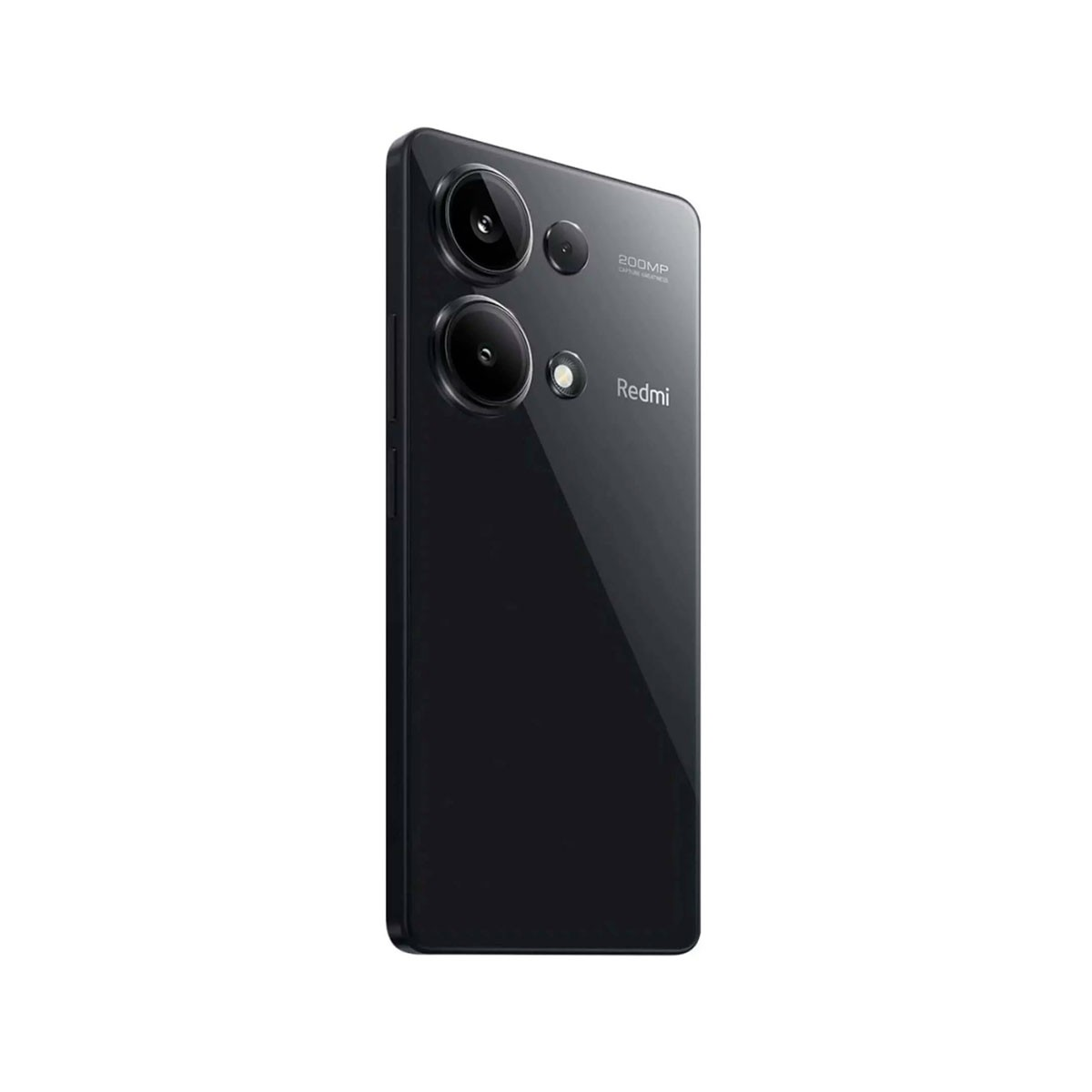 Uno smartphone nero con due fotocamere, il retro è visibile, un logo Redmi.