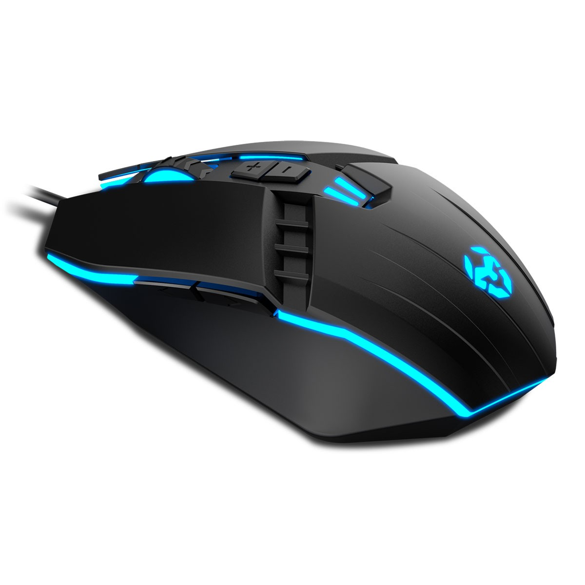 Mouse da gaming nero con luci blu. Pulsanti sulla parte superiore e sui lati visibili.