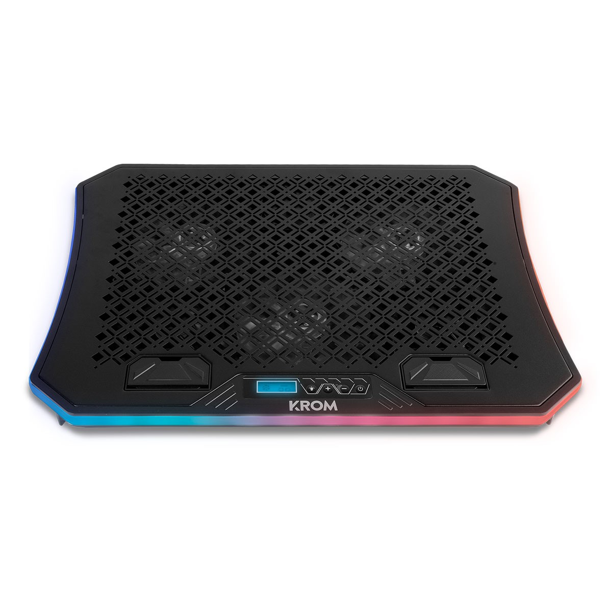 Un enfriador de portátil negro con un diseño de rejilla y un panel de control con luces azules y rojas.