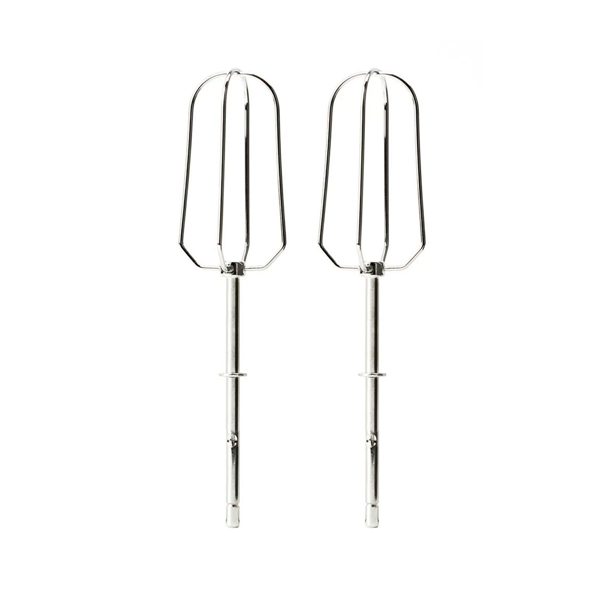 Dwa metalowe nasadki do miksera na białym tle.