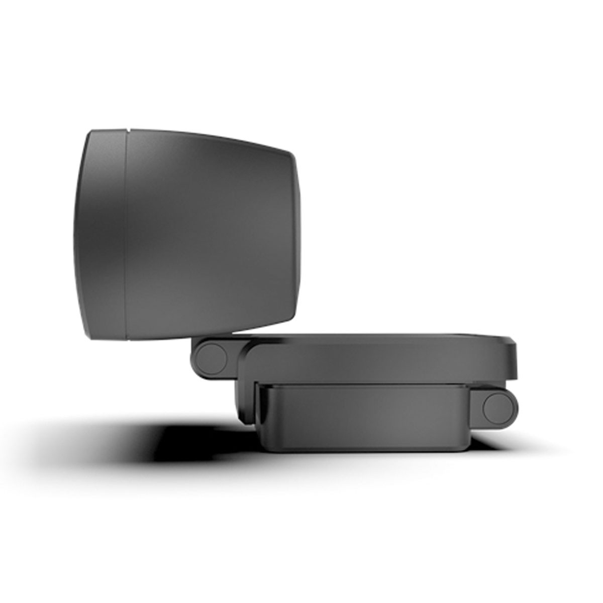 Kamera internetowa, szara, widok z boku, na białym tle. Posiada kamerę i podstawę.